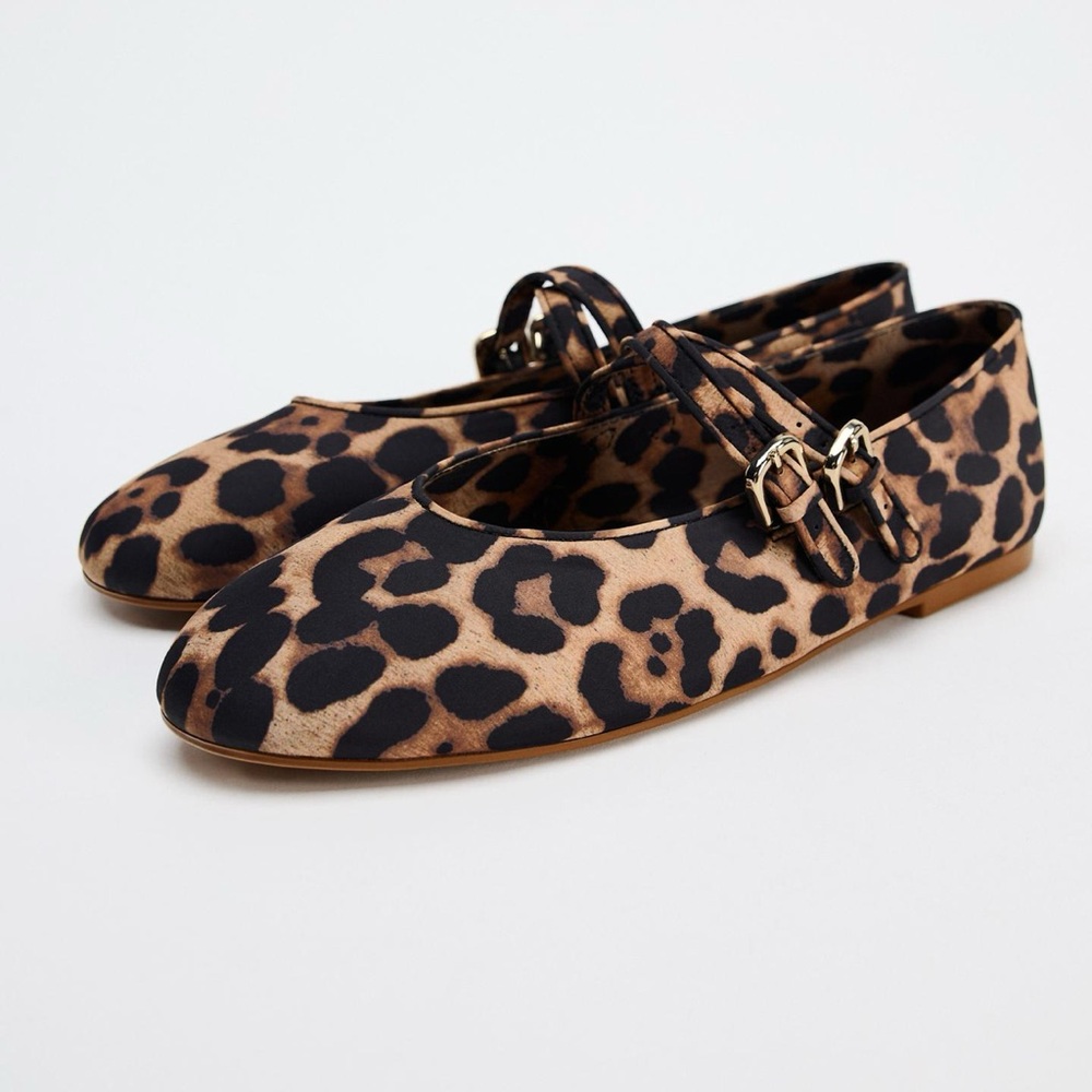 Zara leopard print double strap Mary Jane ballet flats NWT